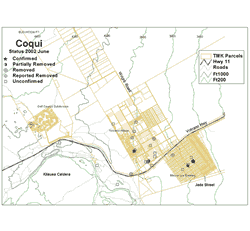 Eleutherodactylus coqui distribution and status in Volcano, HI, June 2002 (map credit: HI State Dept. of Agriculture and BIISC)