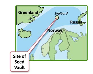 Map of Global Seed Vault's location on the island of Svalbard in the ocean above Norway