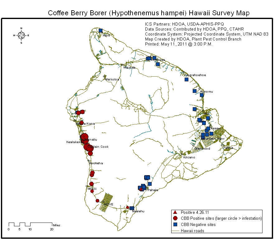 Fig. 2. Distribution of the coffee berry borer in the district of Kona, Island of Hawai’i Hawai‘i, in October 2010. Hawai‘i Department of Agriculture. 