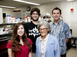 (left to right) Graduate student team members Glorimar Marrero and Kevin Schneider with Drs. Anne Alvarez and Gernot Presting. (Photo: Joy Hakoda, UH Creative Services)