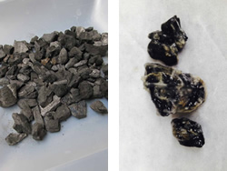 Biochar made from locally grown greenwaste (left) is used as
a substrate for locally collected waterpurifying bacteria (right).